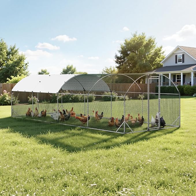 VEVOR Large Metal Chicken Coop, 9 x 25 x 6.6 ft, Walk-in Chicken Run House with Waterproof Cover & Sturdy Frame, Dome Roof Poultry Cage Duck Pen for Rabbit Hen Goose Outdoor Backyard Farm Use