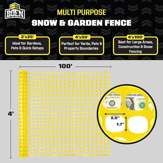 BOEN 4' x 100' Yellow Temporary Fencing, Mesh Snow Fence, Plastic, Safety Garden Netting, Above Ground Barrier, for Deer, Kids, Swimming Pool, Silt, Lawn, Rabbits, Poultry, Dogs