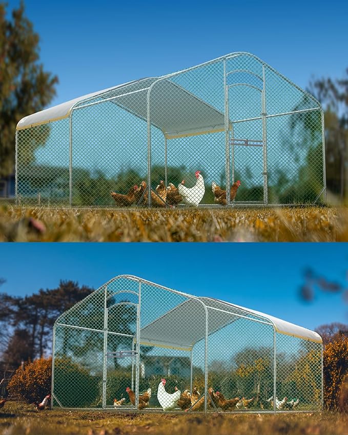 Large Metal Chicken Coop with Run, Walk-in Chicken Run for Yard with Waterproof & Anti-UV Cover, Spire Roof Outdoor Poultry Cage for Chickens Ducks Rabbits Backyard Farm
