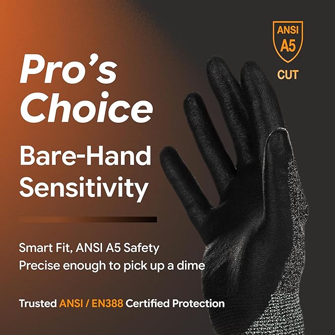 DEX FIT Level 5 Cut Resistant Gloves Cru553 Prime - 3D-Comfort Fit, Firm Grip, Thin & Lightweight, Touchscreen Compatible, Durable, Breathable, Machine Washable; Black S (7) 1 Pair