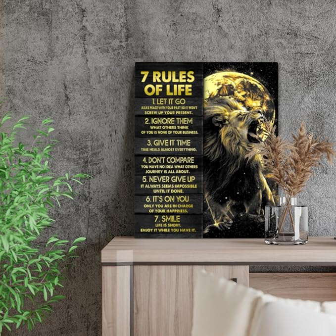 7 Rules Of Life Motivational Wall Art For Classroom Prints Painting Inspirational Lion Pictures Canvas Wall Decor Positive Quotes Framed Artwork For Office Preppy Room Living Room 16"x20"