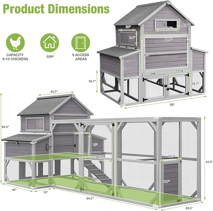 Large Chicken Coop Outdoor Waterproof Chicken Run with Asphalt Roof, Wooden Poultry Enclosure with Easy-Clean Slide-Out Tray for 8-10 Chickens Poultry Cage with Nesting Boxes for Duck Rabbit
