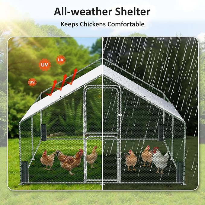 Large Metal Chicken Coop, Walk-in Chicken Run with Feeding Door, Security Lock and Cover, Outdoor Duck/Rabbit Cage Poultry Pen for Backyard, Farm, Yard (Silver - Spire Roof, 13.1 x 9.8 x 6.5 FT)