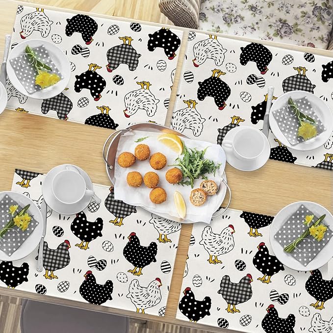 Seliem Chicken Hen Placemats Set of 4, Eggs Buffalo Plaid Polka Dots Farm Dining Table Place Mats, Spring Farmhouse Rustic Kitchen Decor Home Decoration 12 x 18 Inch
