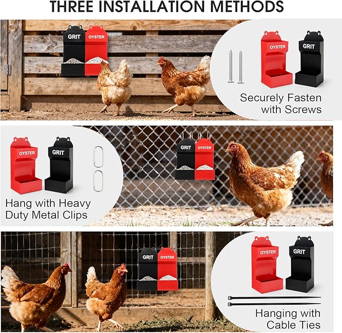 2 Pack Chicken Oyster Shell Feeder and Grit Feeder, Metal Hanging Chicken Feeder and Chicken Coop Accessories Improve Eggshell Quality and Hen Health