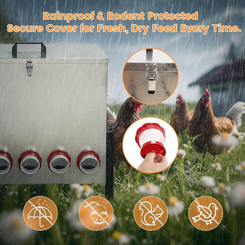 100LB Automatic Chicken Feeder with Cover – Large Capacity Metal Chicken Coop Feeder with 12 Feed Ports, Adjustable Legs Rainproof No Waste Outdoor Poultry Feeder for Hens & Free Range Flocks