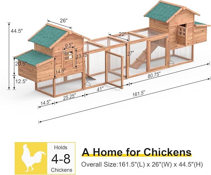 Outdoor Chicken Coop for 4-8 Chickens Wooden Hen Rabbit House Poultry Pet Hutch Run Cage w/Waterproof Asphalt Roof, Ramp, Nesting Box, Wire Fence (160")