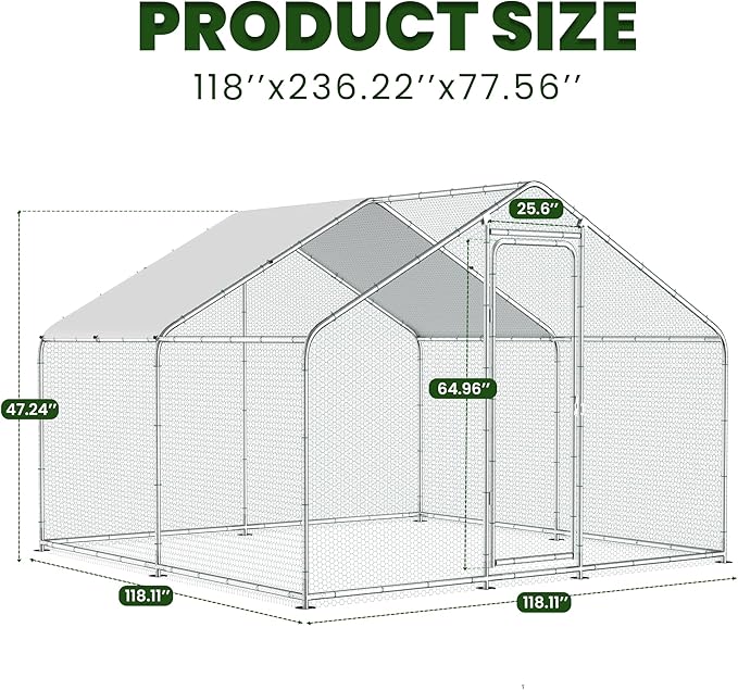 GOJOOASIS Chicken Coop for 20 Chickens Walk-in Chicken Run Large Metal Poultry Cage Outdoor Backyard Hen House for Small Animals with Waterproof Cover (10'L x 10'W x 6.6'H)