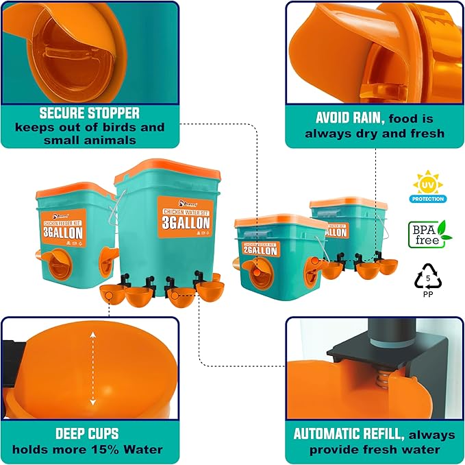 Automatic Chicken Feeder and Waterer Set(4 Buckets/2-3 gallons), Chicken Bucket Feeder Ports & Cup Waterer No Waste, Rain Proof Poultry Feeder, Avoid Small Animals, Suitable for Chicken, Duck, Turkey