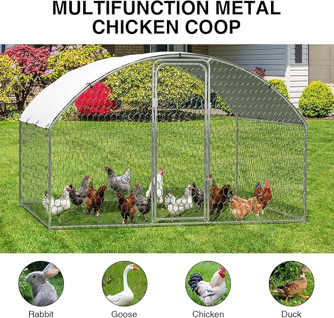 Large Metal Chicken Coop, Walk-in Poultry Cage, Chicken Run Pen House with Waterproof & Anti-Ultraviolet Cover Chicken Coop Run with Lockable Doors for Outdoor and Backyard 9.8 x 6.5X 6.5ft