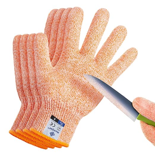 Cutting Gloves, Food Grade Level 5 Protection, Safety Kitchen Cut Gloves for Oyster Shucking, Fish Fillet Processing, Mandolin Slicing, Meat Cutting and Wood Carving. (Orange-Small 2 Pairs)