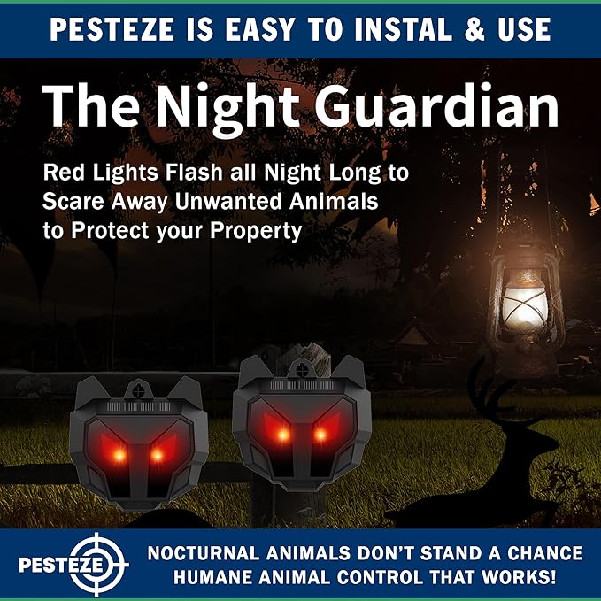 2 Pack PESTEZE Reusable Solar Nocturnal Animal Repeller. Flashing Red Light Deters Unwanted Animals Like Skunk, Deer, Coyote, Fox, Wolf, Rabbitt, Raccoon & Birds to Protect Property & Livestock
