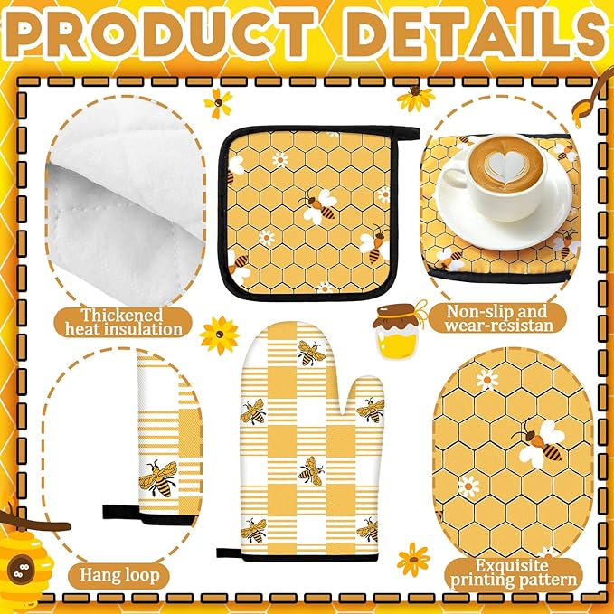 10 Pcs Bee Themed Kitchen Decor Set Dish Towels Kitchen Rugs Oven Mitts and Pot Holders for Cooking Baking Grilling Women Mom Gift