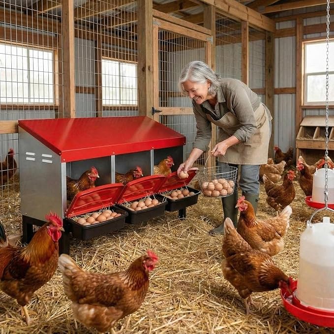 Chicken Nesting Box, 3 Hole Compartments Chickens Egg Laying Nest Boxes for Hens, Metal Chicken Egg Laying Box, Roll Out Egg Collection, Cleanable Pull Out Hen Roosting Boxes Wall Mount, Vented