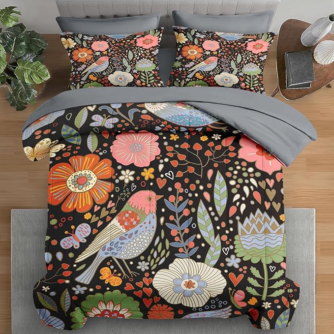Comforter Set Twin Size, Retro Floral Bird 5 Pcs Bedding for Kids and Adults, Vintage Chinese Flower Bed Sheet Sets with Fitted Sheet Pillowcase & Sham for Bedroom Bed Decor
