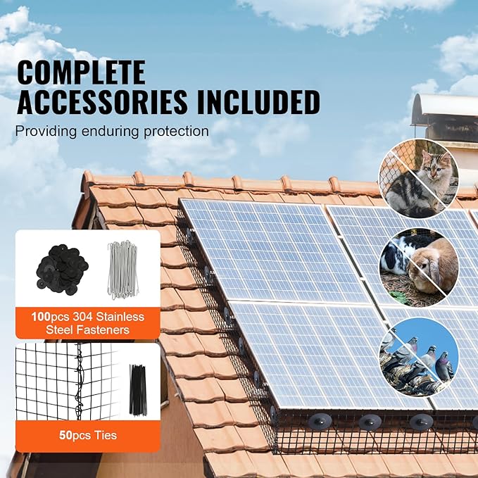 VEVOR Solar Panel Bird Guard 8inch x 98ft PVC Coated Wire Mesh Roll Kit with 100pcs Fasteners, Critter Fence, Pigeon Proofing, Black