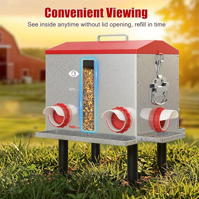 Pawaboo 55LBS Large Capacity Automatic Chicken Feeder - 2026 Upgraded No Waste Poultry Feeder, 7 Feeding Ports, Viewable Feed Level Window, Height-Adjustable Legs + Wobble-Free Stability