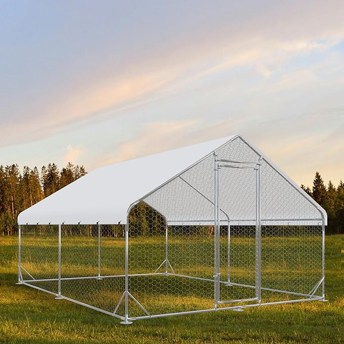 Large Metal Chicken Coop Run, Outdoor Chicken Coop,Walk-in Poultry Cage Spire-Shaped Chicken Run with Waterproof and Anti-Ultraviolet Cover for Outside,Backyard and Farm,13'x9.8'x6.4'