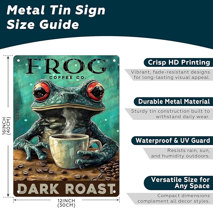 Coffee Themed Metal Tin Sign Frog Retro Wall Art Vintage Kitchen Decor Rustic Bar Cafe Tin Plaque Iron Painting 16x12 Inch