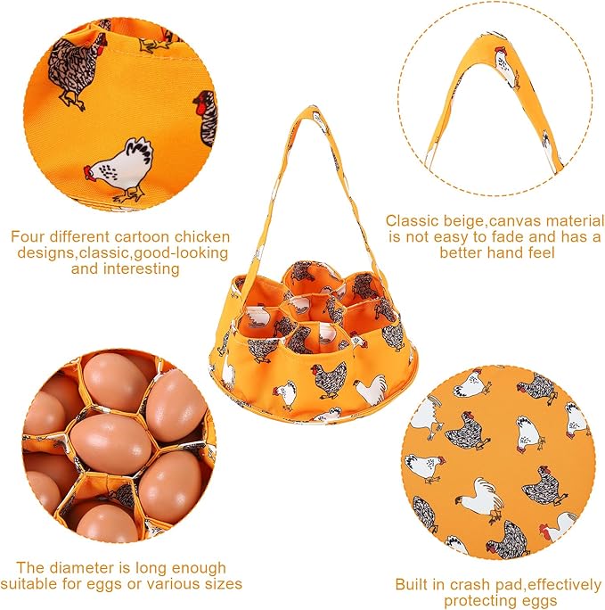 Egg Collecting Basket, Canvas Egg Basket for Gathering with 7 Pouches for Chicken, Duck, Goose, Bird, Various Poultry Collection (Yellow chicken)