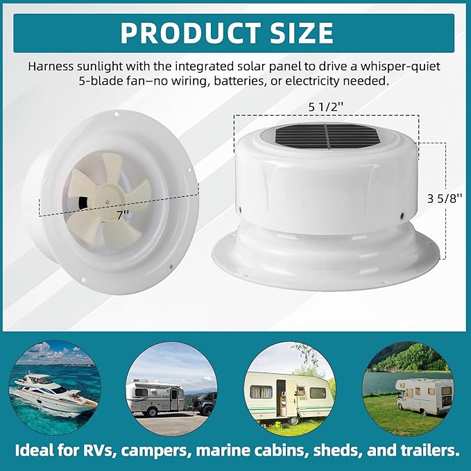 RV Solar Ventilation Fan with Mounting Screws, Solar-Powered Ceiling Fans for Camper, Trailer, RV Solar-Powered Ceiling Vent with Fan, Camper Solar Exhaust Fans for Trailer, Marine - White