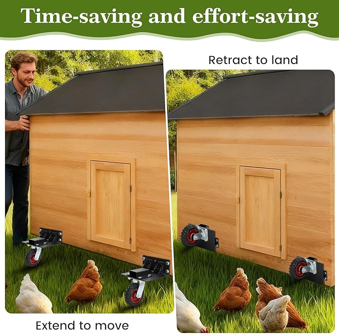 Chicken Coop Wheels Kit with Lift System - Set of 4 Heavy Duty Foldable Caster Wheels, Maximum Load Capacity 700 lb, Ideal for Large or Small Hen House, Durable Chicken Coop Accessory