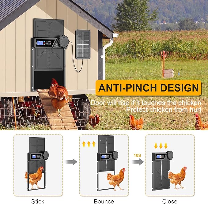 Automatic Chicken Coop Door Solar Powered, LCD Display Automatic Chicken Coop Door with Timer, Waterproof Aluminum Alloy Chicken Door with Remote Control, Charge with Solar Panel & USB