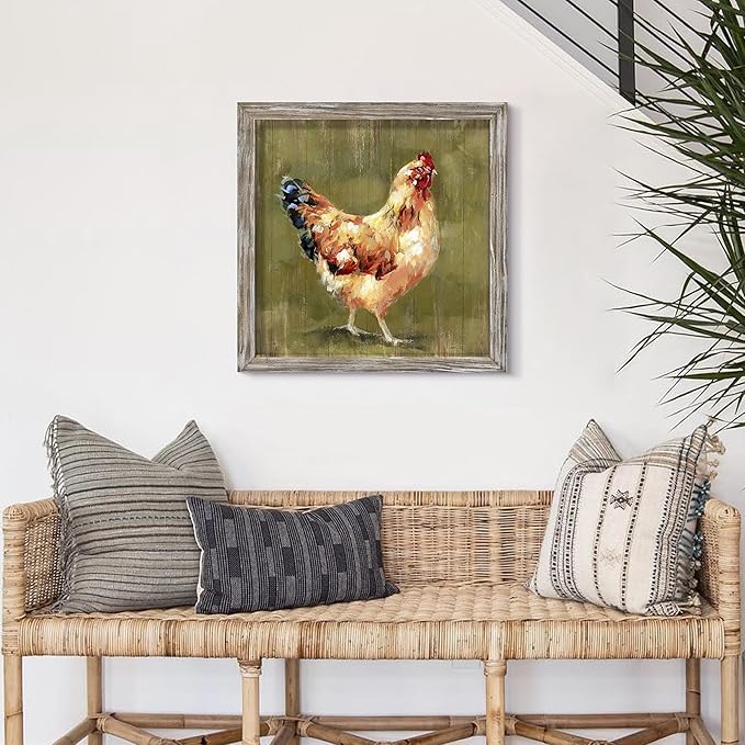 Farm Rustic Wall Art Decor: Farmhouse Chicken Framed Wood Prints Vintage Country Animal Picture Artwork Hen Chickens Kitchen Painting for Home Living Room 24 x 24 Inches