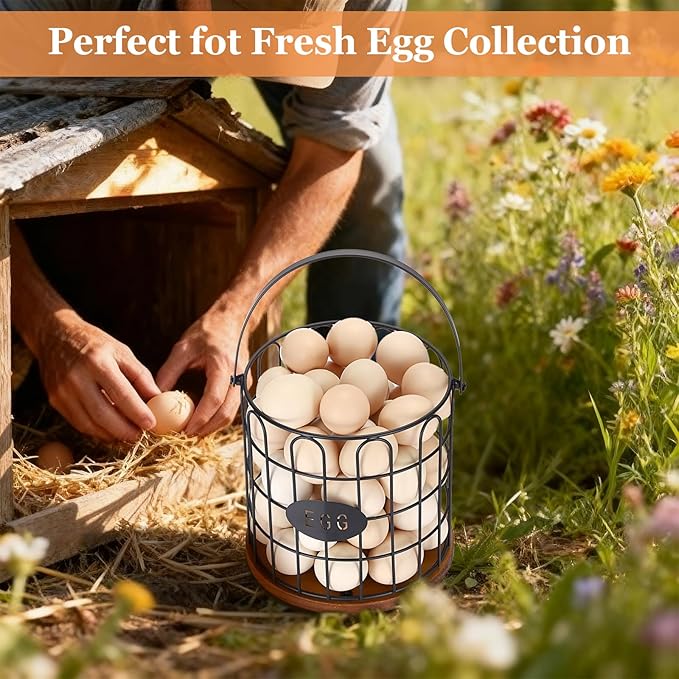 7'' Farmhouse Egg Basket for Gathering Fresh Eggs, Metal Egg Holder Countertop for Chicken Eggs, Round Metal Wire Basket with Handle & Wooden Base, Vintage Kitchen Decor(Style 1-Straight)
