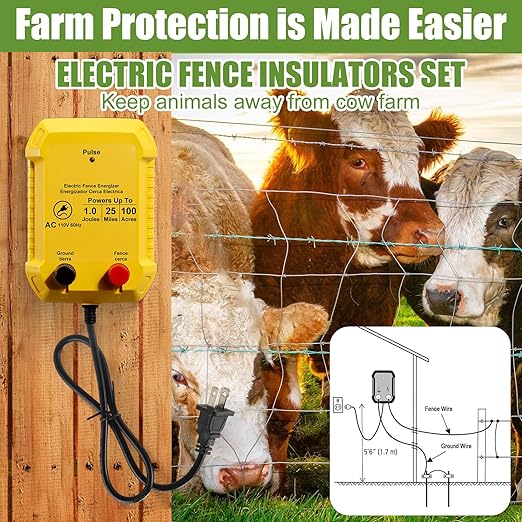 Electric Fence for Preventing Animals Intruding 2 Mile 110VAC 1 Joule Electric Plug in Fence, 50 Black Insulator and 1 Socket Tool 250ft Aluminum Wire for Animals and Keep Out Predators