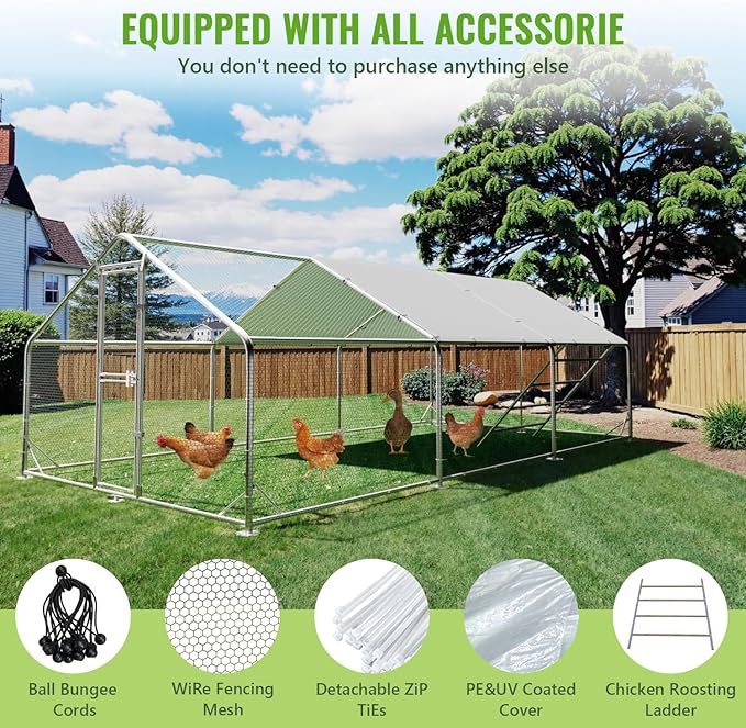 Large Metal Chicken Coop, 10x20x6.5FT Chicken Runs for Yard with Cover and Roosting Perch, Split Doors Walk in Chicken Coop