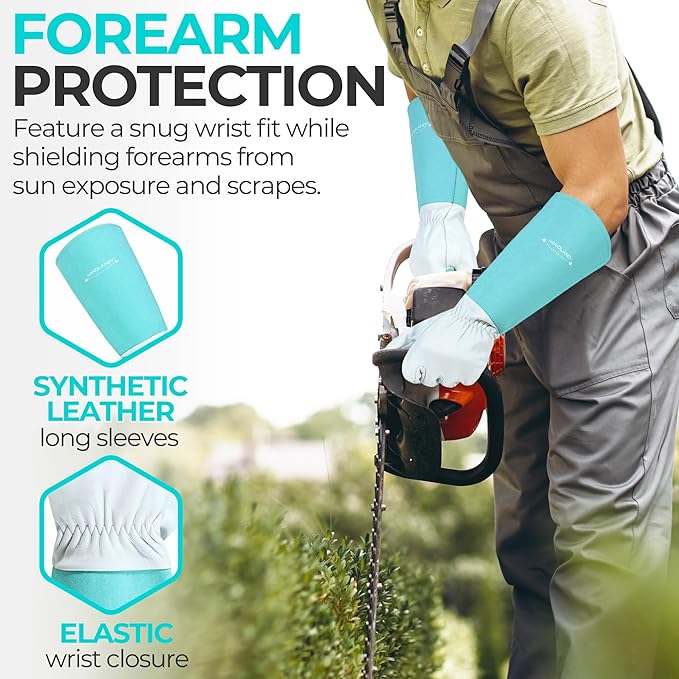 HANDLANDY Long Gardening Gloves for Men & Women, Thorn Proof Rose Pruning Gloves Leather Gauntlets Garden Glove Yard Work Glove (Teal Green, Large)