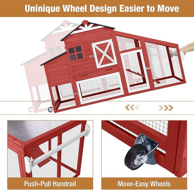 Large Chicken Coop for Outdoor with Nest Box and Removable Tray, Hen House Waterproof for 2-6 Chickens, Outdoor Poultry Cage with Wheels - Red