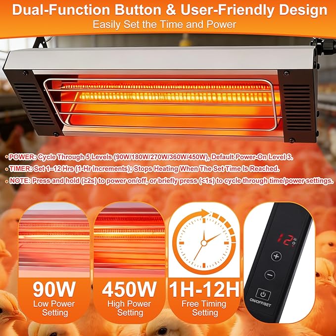 450W Heat Lamp for Chickens, Carbon Fiber Heater for Chick Brooder, Large Hanging Chicken Coop Heater, Adjust 5 Levels & Time & Height, 9.8 Ft Cord Heat Lamp for Poultry & Pets