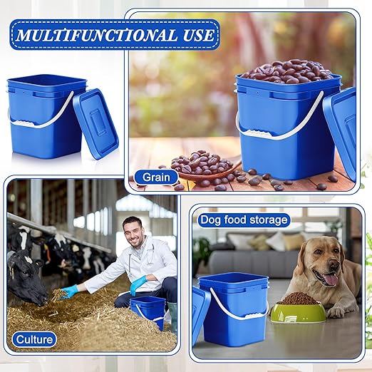 Mumufy 5 Pcs 3.5 Gallon Square Food Grade Bucket with Lid Square Bucket Pail Plastic Handles for Long Term Food Storage, Camping, Fishing, Home Organization Easy Stack and Store (Blue)