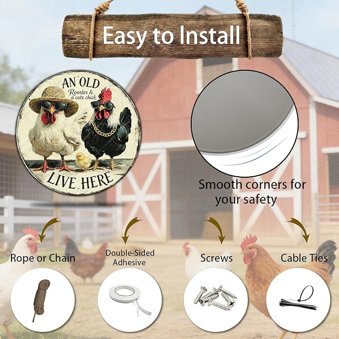 Rooster Wall Decor Round Chicken Signs Chicken Coop Accessories Metal Tin Sign Vintage Style An Old Rooster And A Cute Chick Live Here Iron Poster 8 Inch
