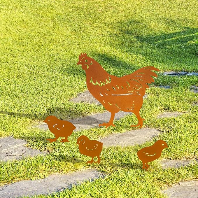 TT & MM Chicken Gifts for Women/Men,Chicken Metal Decorative 4 Pcs Garden Stakes,Hen/Chicks Silhouette Statues for Yard Art,Backyard,Patio,Lawn Ornaments,Outdoor Decor