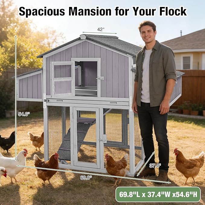 Large Chicken Coop with Unique Folding Design – Easy Assembly, Outdoor Hen House with 2 Nesting Boxes, Leakproof Pull-Out Tray, and UV-Resistant Roof (Grey)