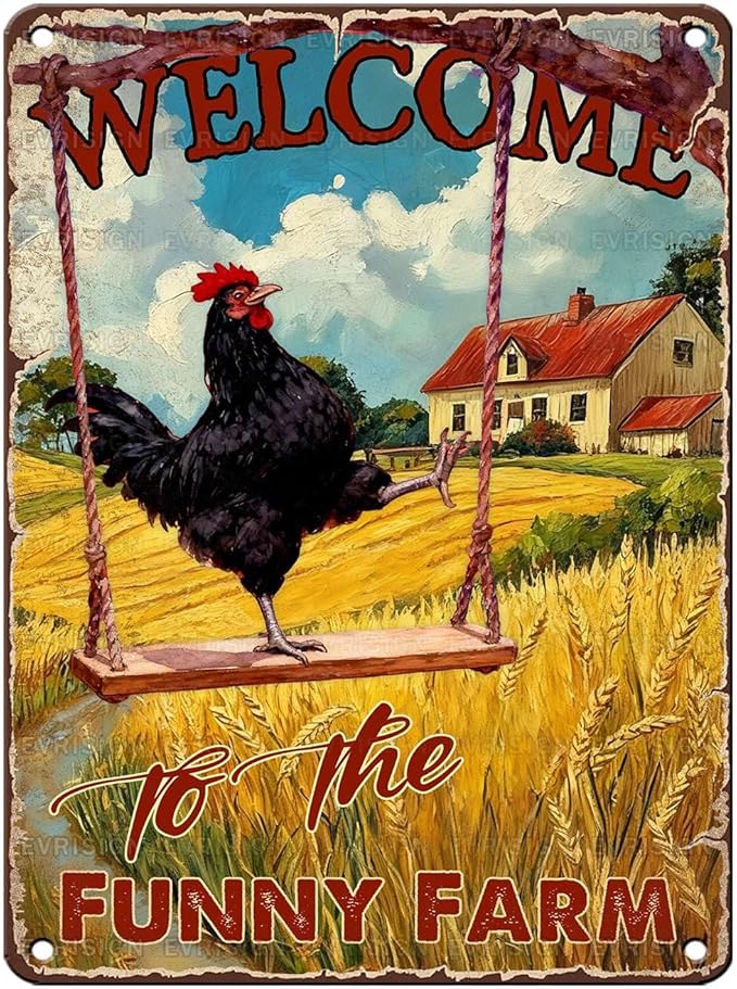 Vintage Chicken Tin Sign Welcome To The Funny Farm Retro Coop Metal Sign Funny Chicken Lovers Nostalgic Rustic Wall Decor For Farmhouse Outdoor Poultry House Yard Cafe Kitchen 16 * 12In