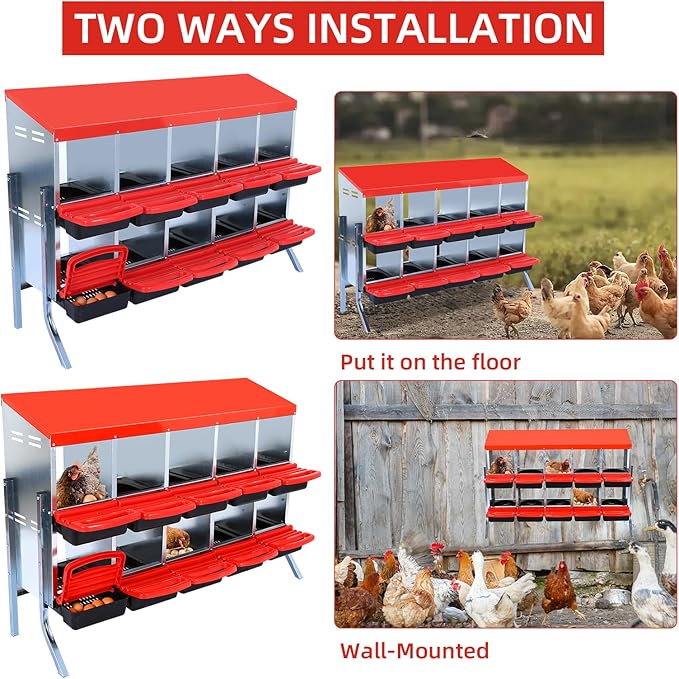 GarveeHome 2-Tier Chicken Nesting Box, 10 Compartment Metal Chicken Laying Boxes with Waterproof Roof ＆ Removable Trays for Hens, Poultry，Easy Egg Collection