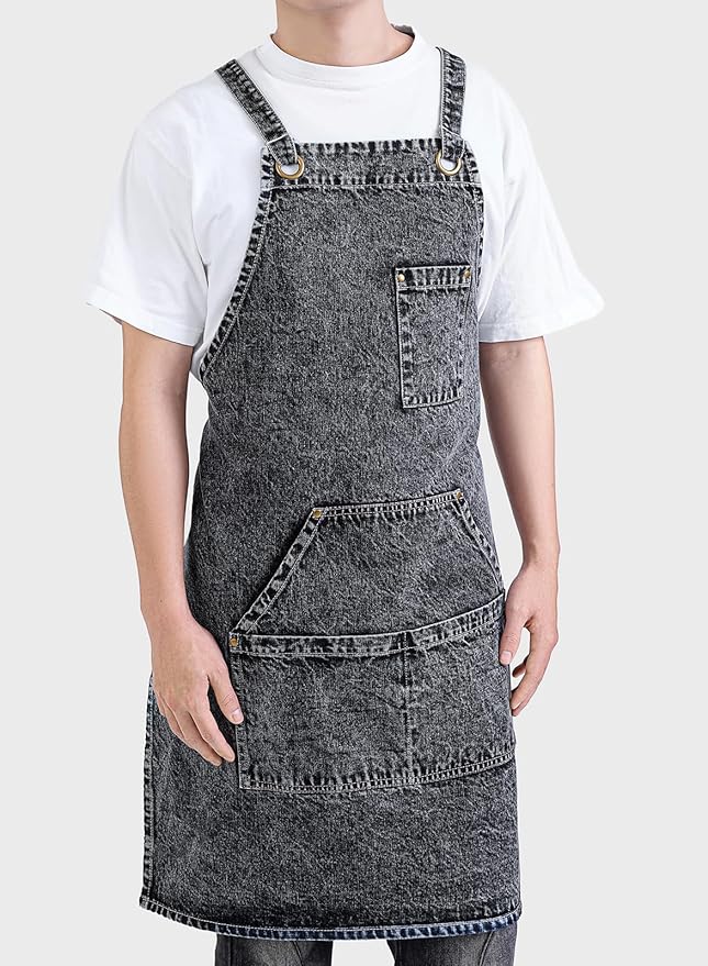Cotton Denim Apron Soft - Unisex Adjustable Bib Apron with 5-Pockets Perfect for Kitchens