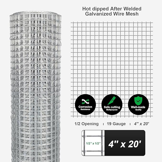 Hardware Cloth 4'' x 20' 1/2 in Galvanized Wire Mesh Roll (19 GA) Chicken Wire Fence Roll for Chicken Pen/coop Fences, Screen mesh, Rabbit/Snake Fences, Poultry enclosures, Handicraft Making, etc.