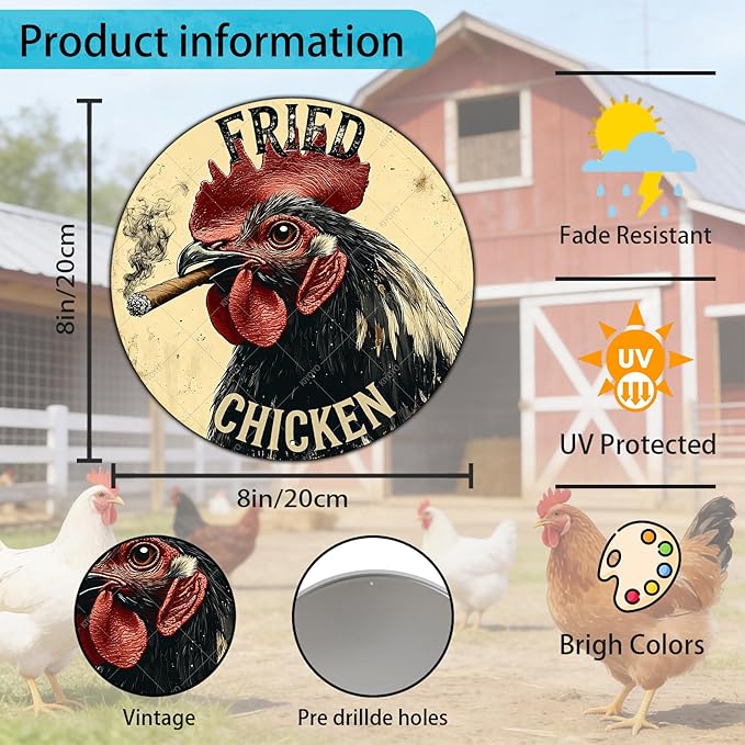 Farm Chicken Cock Hen Round Metal Tin Sign Rooster Fried Chicken Poster Home Decor Garage Bar Restaurant Kitchen Cafe Bar Pub Wall Art Decor 8 Inch