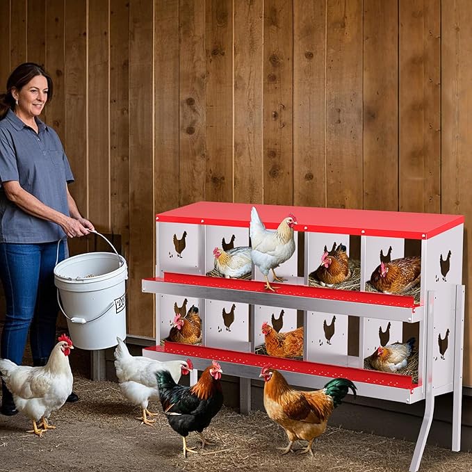 GarveeLife Nesting Boxes for Chickens, 10 Compartment Chicken Nesting Box with Metal Legs, Metal Chicken Laying Boxes with Perch, Secure Lid, Versatile Wall Mount or Free Standing for Hens, Red