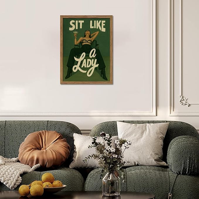 Framed Feminist Wall Art, Vintage Sit Like a Lady Green Wall Decor, Bold Girl Power Feminine Poster Print, Retro Empowering Female Canvas Painting Aesthetic for Bedroom Dorm 12x16 inch