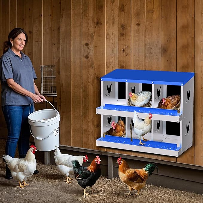 Chicken Nesting Boxes, 6-Hole Roll Away Nest Box for Chicken Coop, Metal Egg Laying Box with Perch & Lid Cover to Protect Eggs, Rollout Egg Collection, Vented Holes Blue