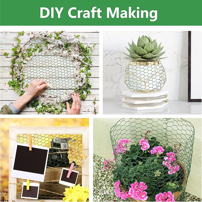Aboofx Chicken Wire for Floral Arrangements 157.5 x 13.8 Inch Green Mesh Chicken Wire with 20 Zip Ties and 1 Pair of Glove Hexagonal Galvanized PVC Coated Netting Fence for Crafs Poultry Garden