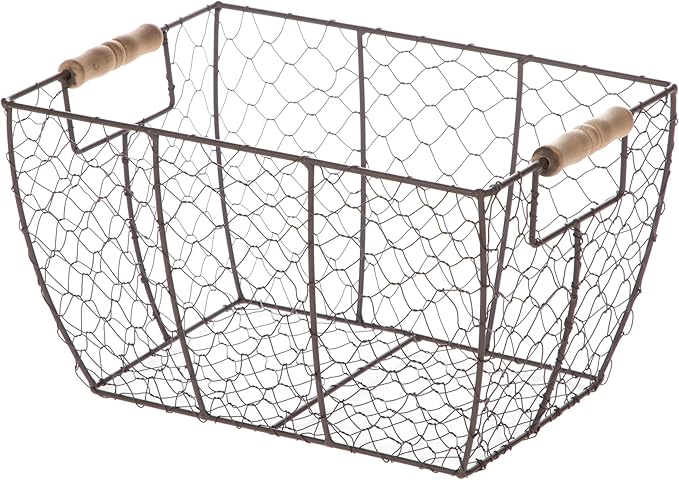 2-Pack Decorative Brown Chicken Wire Baskets with Wooden Handles – Multi-Purpose Storage, 12.2" L x 8" W x 7.28" H