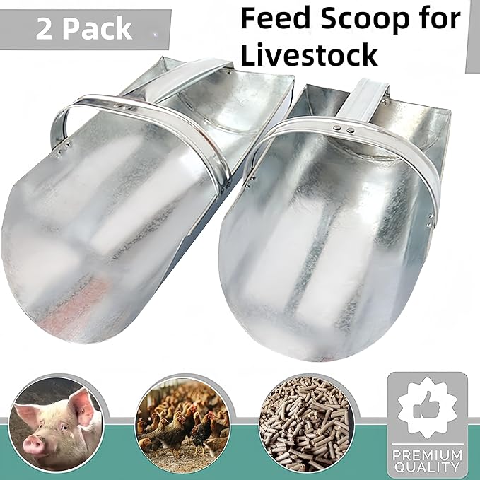 Feed Scoop for Livestock - Metal Feed Grain Scoop for Livestock, Heavy Duty Stackable Feed Scoop with Enclosed Handle for Gardening Farms, Chicken, Livestock, Bird, Farm Animal, 2 Pack, 2 Size