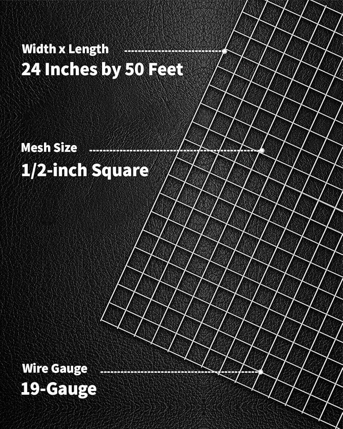 Hardware Cloth 1/2 inch 24 inch x 50 Foot 19 Gauge, Hot-Dip Galvanized After Welding, Chicken Wire Mesh Roll Welded Wire Fencing Garden Fencing Gopher Guard
